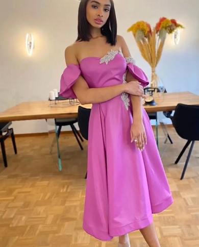 pink a line prom dresses satin evening dresses off shoulder tea length elegant for women wedding guest party gowns فس�