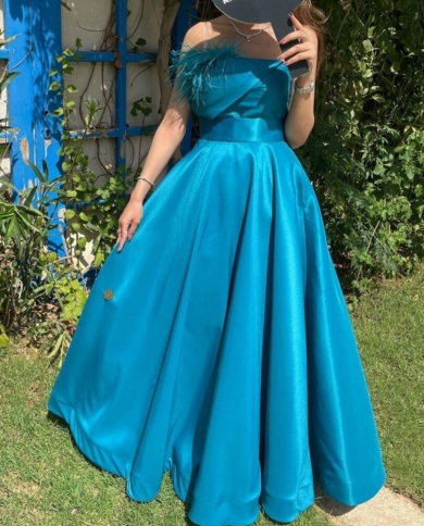 blue a line prom dresses floor length evening dresses strapless feathers pleat elegant women wedding party gowns فسا�