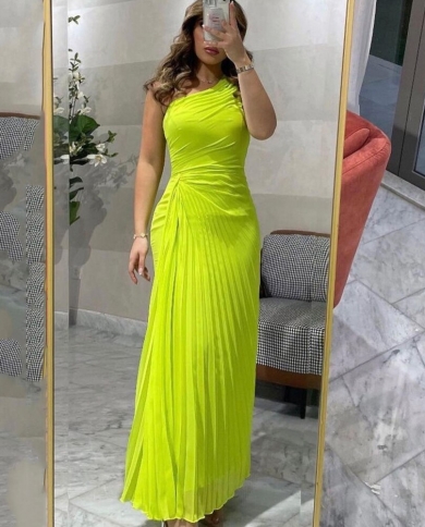 green chiffon prom dresses one shoulder  evening dresses floor length simple pleat elegant wedding party gowns فس�