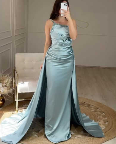 satin blue evening dresses  party dresses one shoulder floor length side split beaded elegant for women wedding فس