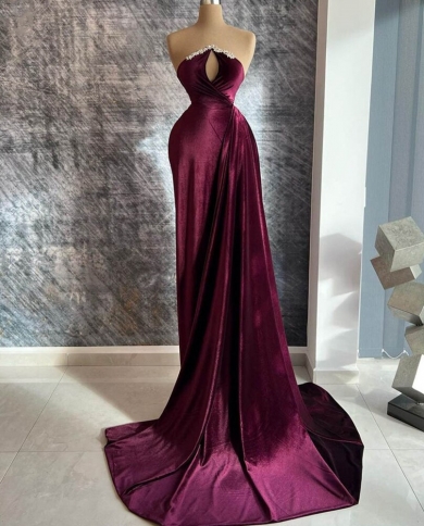 burgundy velour evening dresses mermaid  party dresses long strapless floor length beaded formal party gowns فست�