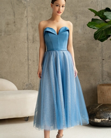 satin blue prom dresses sweetheart  evening dresses glitter tea length sleeveless wedding guest party gowns فسات