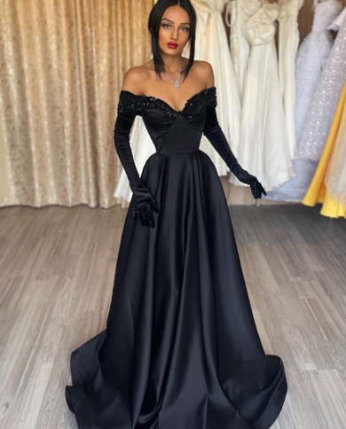 black mermaid prom dresses off shoulder evening dresses floor length beaded v neck wedding guest party gowns فساتي�