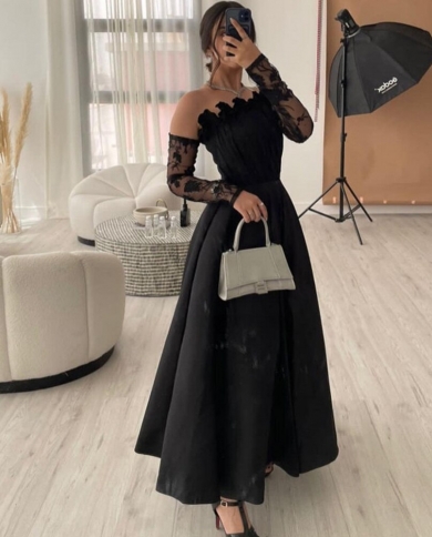 a line black prom dresses strapless  evening dresses elegant for women tea length wedding guest party gowns فسات