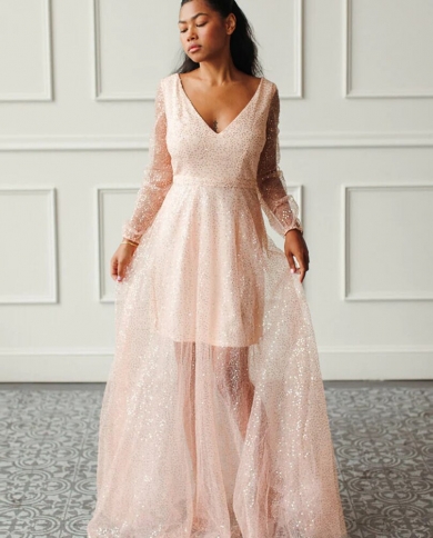 pink sequin prom dresses long sleeves evening dresses deep v neck illusion backless glitter wedding party gowns فسات