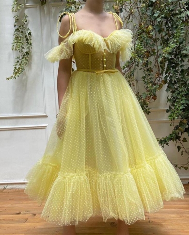 yellow tulle evening dresses فساتين حفلات party dresses dots a line tiered tea length spaghetti strap graduat