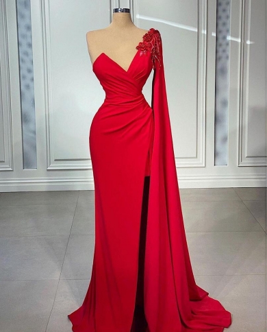 Red Satin Evening Dresses V Neck Prom Dress Elegant For Women 2023 One  Shoulder Side Split Wedding Party Gowns Vestido D Color Yellow US Size 18W