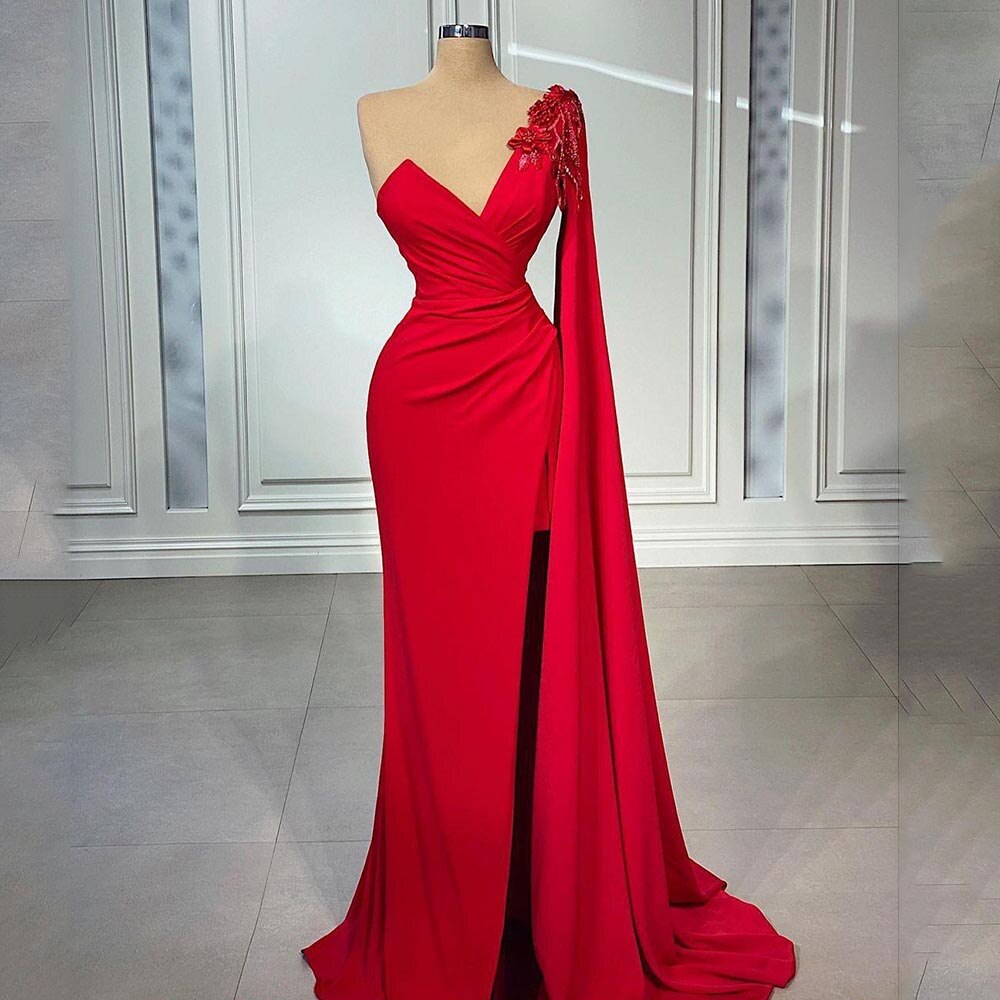 Red Satin Evening Dresses V Neck Prom Dress Elegant For Women 2023