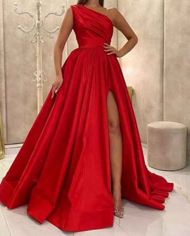 2023 Red Shoulder Split Prom Dress Women Formal Party Night Vestidos De Gala A Line Satin Elegant Simple Long Evenin Color Gold US Size