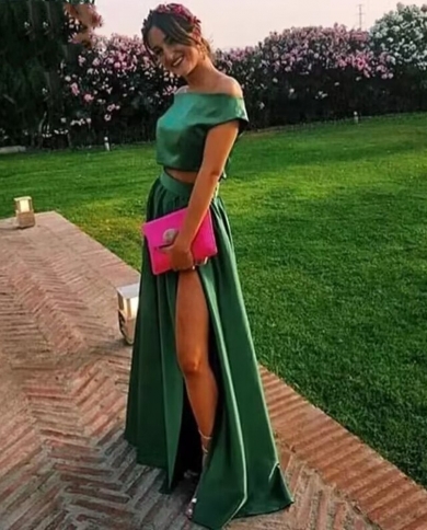 2023 One Shoulder Forest Green Two Pieces Evening Dresses Front