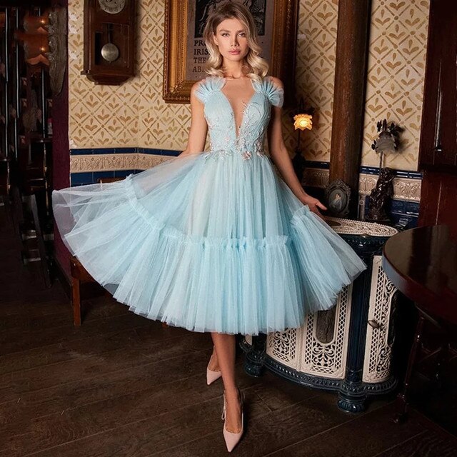 Sky Blue Short Prom Dresses Layered Skirt Evening Gowns Nude Tulle Lace Women Special Party Formal Dress Event Gown 2023 US Size 10 Color Ivory Sky Blue Short Prom Dresses Layered Skirt Evening Gowns Nude Tulle Lace Women Special Party Formal Dress Event Gown 2023 US Size 10 Color Ivory