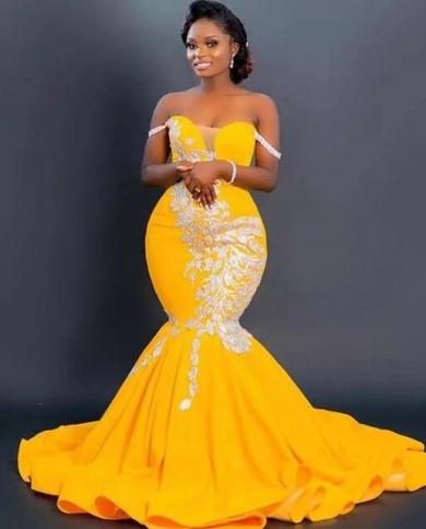 2023 Gold Mermaid Prom Dresses With Sequined Lace Appliques Aso Ebi Evening  Dress Court Train Formal Women Party Dress Color Pink US Size 26W