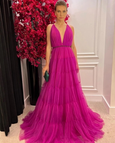 Hot Pink A Line Tiered Formal Evening Dresses With Sash Deep V Neck Tulle  Prom Gowns Womens Backless Wedding Party Dre Color gray US Size 2