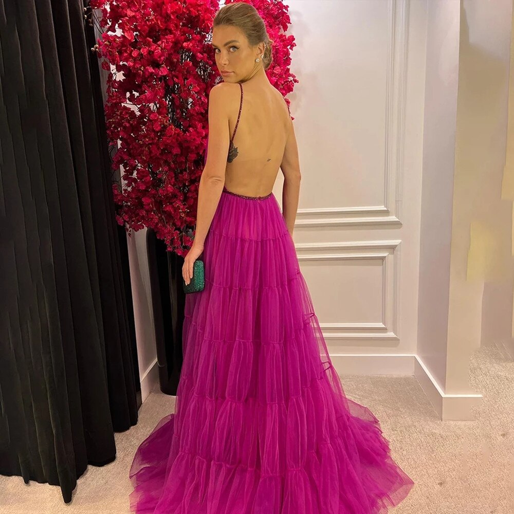 Hot Pink A Line Tiered Formal Evening Dresses With Sash Deep V Neck Tulle  Prom Gowns Womens Backless Wedding Party Dre Color gray US Size 2