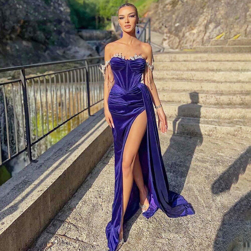 Purple velvet prom store dress