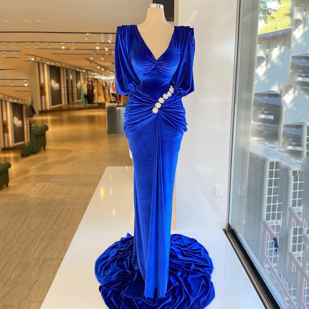 Shiny Draped Royal Blue Velvet Sheath Long Dress - Promfy