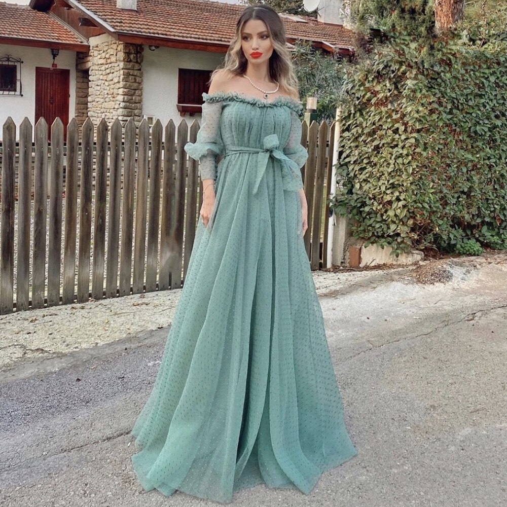 Turquoise Polka Dot Evening Dress A Line Boat Neck Off Shoulder Bow Ruffles  Tulle Backless Floor Length Court Train Prom US Size 8 Color as pic