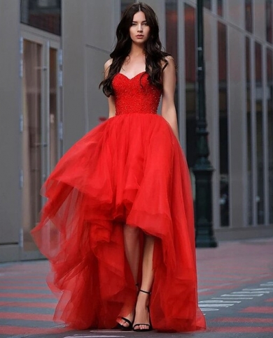Short Front Long Back Red Prom Dresses Women Formal Party Vestidos De Gala  Simple Sweetheart Beaded Tulle Red Evening Go Color champagne US Size 20W
