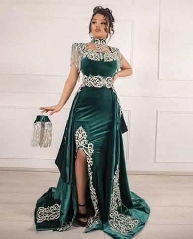  karakou algerien שמלת ערב ערבית קפטן כובע שרוולים קטיפה ירוקה שמלת נשף שמלת מסיבה עם חצאית ניתנת להסרה