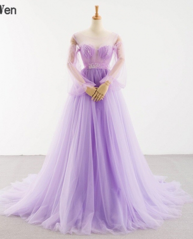 Illusion A Line Sweep Train Lavender Beading Puff Sleeve Evening