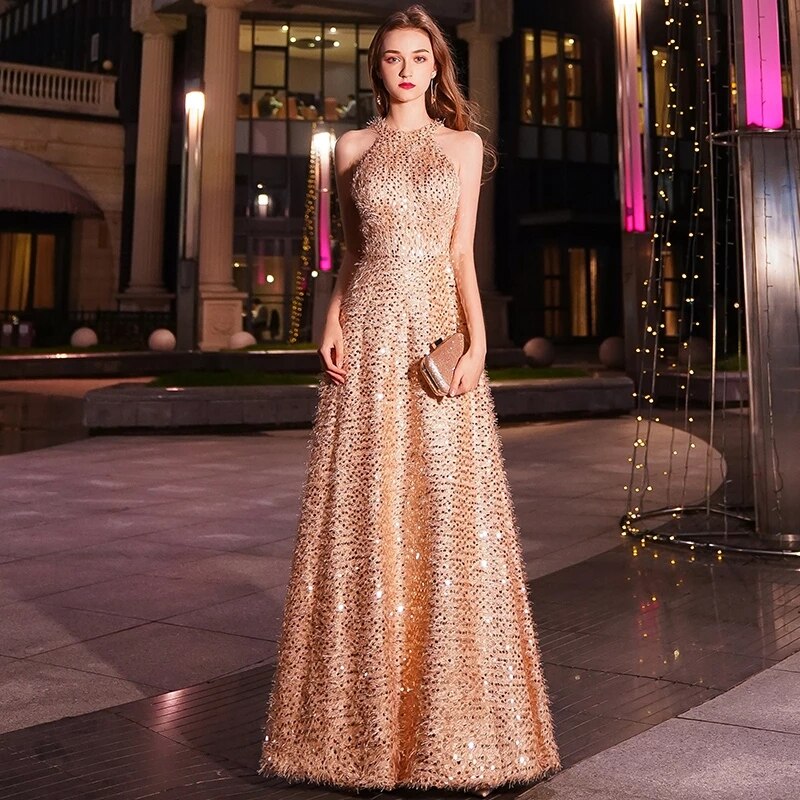 Elegant long 2025 gold evening dresses