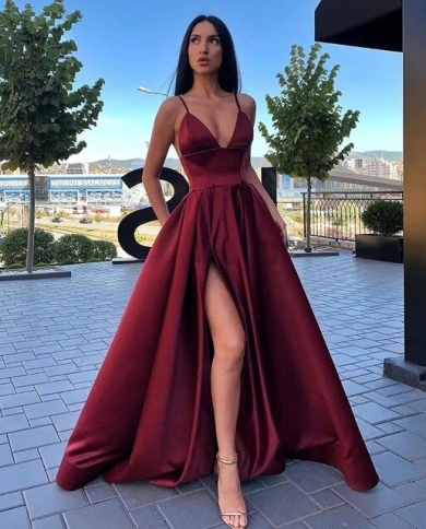 2023 V Neck Satin Evening Dresses Spaghetti Strap Side Slit Prom