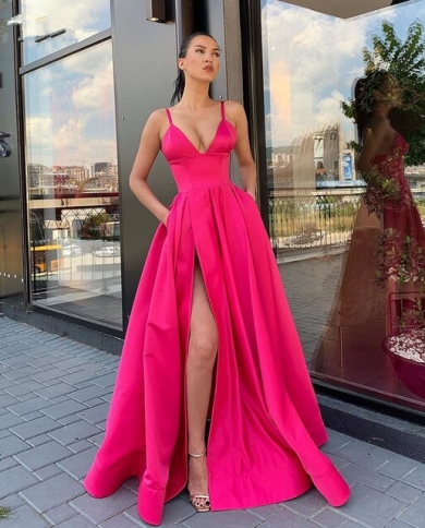 2023 V Neck Satin Evening Dresses Spaghetti Strap Side Slit Prom