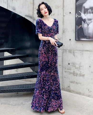 Robe De Soiree 2023 Evening Dress Short Sleeve Elegant V Neck Mermaid  Sequined Long Formal Party Gowns Ru85evening Dress Color Photo Color US  Size 2