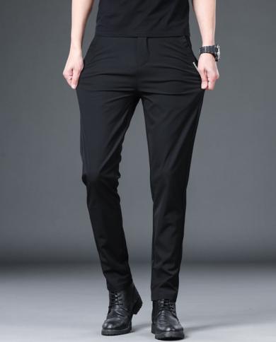 2023 Summer Pants Mens Stretch Slim Fit Elastic Waist Formal Business  Classic Thin Casual Trousers Male Black Gray 28 3 size 30 Color Black