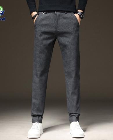 Brand Autumn Winter Stripe Pants Men Elastic Business Cotton Gray