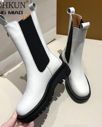 נשים botas פלטפורמת אצבע מרובעת עקב עבה מגפי אמצע העגל אישה אופנה slipon מגפי צלסי סתיו חורף לבן נשים