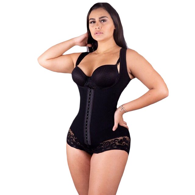 Women Bodysuit Open Bust Tummy Control Shapewear Slimming Fajas Lace Body  Shaper Front Button Faja size S Color Black