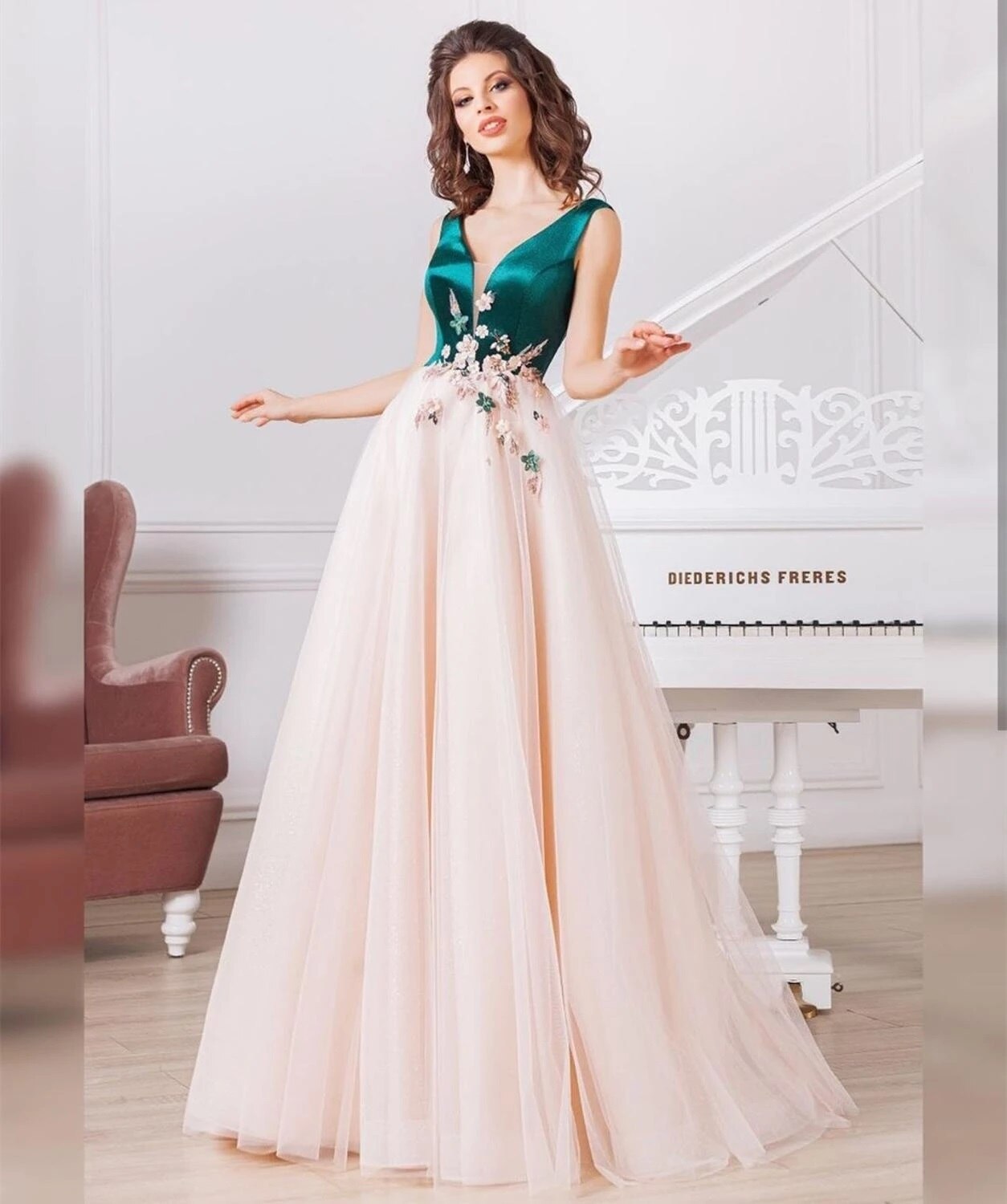 Simple V Neck Prom Dress A Line Embroidered Appliqu s Satin