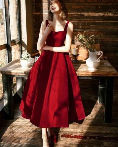 Red Satin Evening Dress 2023 Sleeveless A Line Ankle Length Prom