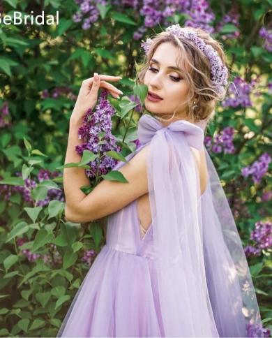 Fantasy Lilac Tulle Long Prom Dress Cute Bow V Neck Pleated