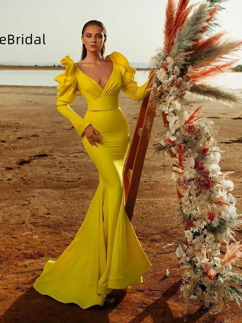 Evening Gown Yellow Poofy Prom Dress Shiny V Neck Sequins Yellow