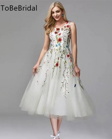 Tobebridal A Line Elegant Floral Engagement Formal Evening Dress Simple O  Neck Sleeveless Tea Length Tulle Party Skirt N Color White US Size 16