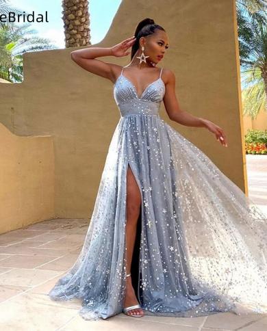 Evening Dresses V Neck Spaghetti Straps Tulle With Stars A Line Prom Gown  Party Vestidos De Mujer Elegantes Para Fiesta Color Gold US Size 12