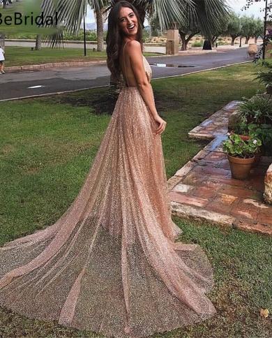 2023 New Sparkling Champagne Gold Evening Dress Spaghetti Straps V Neck  Backless Long Tulle Elegant Prom