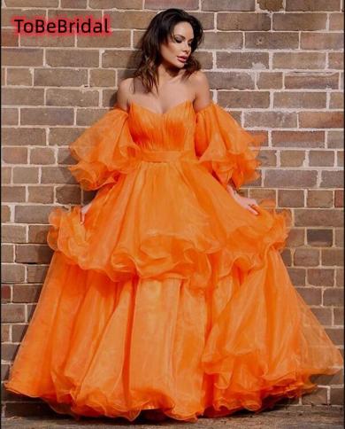 Orange Organza Corset Long Sleeves Princess Ball Gown - Xdressy