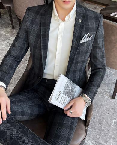 2023 New Arrival Men Smart Business Casual Two Pieces Set Suit Male Fashion  Blazers Jacket Trousers Dress Coat Tops H199 size M Color kaqise