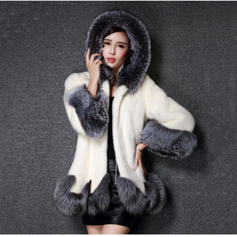 Whole Skin Rabbit Fur Winter Coat Outwerwear Women A Line Loose Fit Natural Fur  Coats With A Hood Autumn Fur Faux Fu Size Xl Color Black