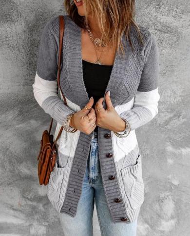 Cardigans For Women Winter Colorblock Pocket Button Design Braided