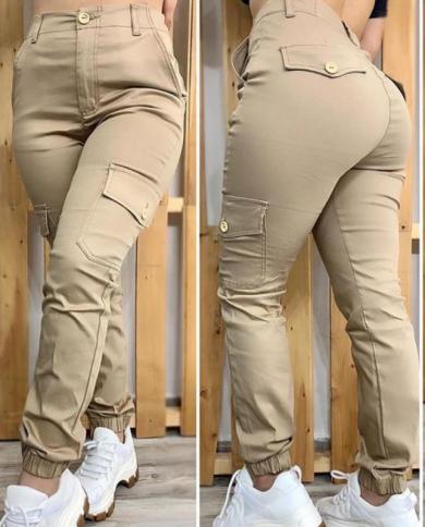מכנסי נשים כיסים מכופתרים מכנסיים מוצקים מזדמנים מכנסי מטען גבוהים מותניים מכנסיים דקים להרמת ירך אופנה בגדי נשים