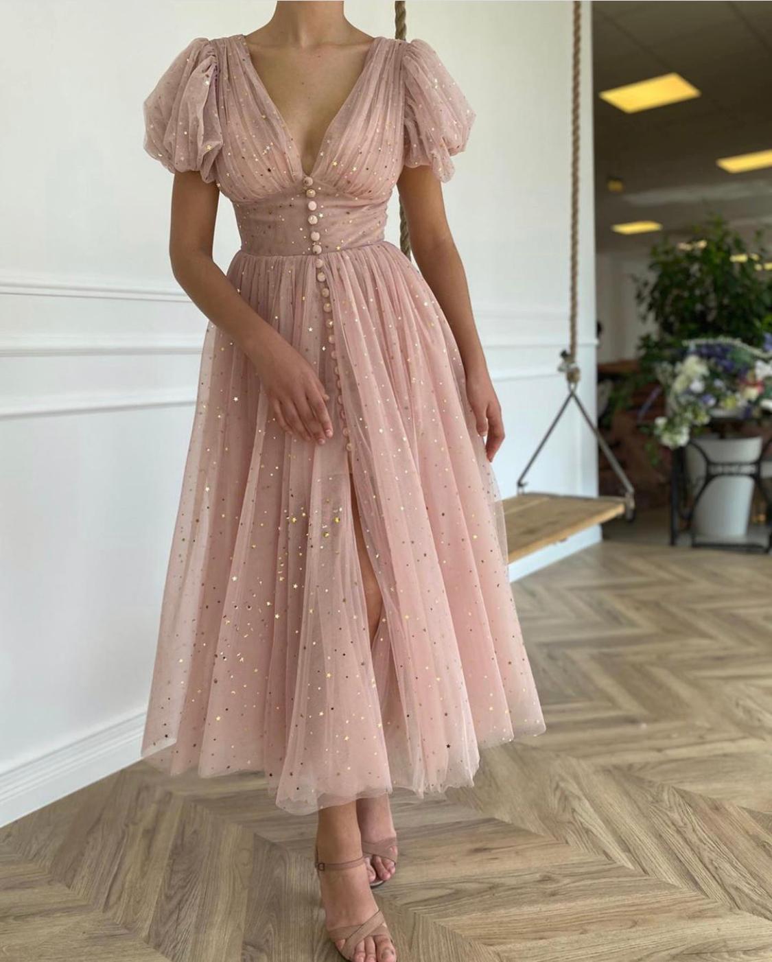 Bridalaffair Glitter Raffia Cream Pink Tulle Prom Dress With Golden Stars  Short Puffy Sleeves Buttons Tea Length Party US Size 12 Color As Picture