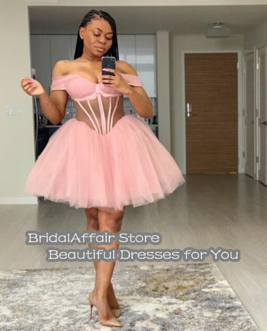 Bridalaffair Puffy Mini Pink Prom Dresses Vestido De Curto Formal Dresses Plus Size Off Shoulder Prom Dress Robe De Soir Color Black US Size 4