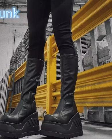 Women Knee High Boots Gothic Platform Wedges 2022 Creepers Punk Winter Goth  Black Heels Ladies Shoes Plus Size 41 42 43 Color Black Shoe Size 