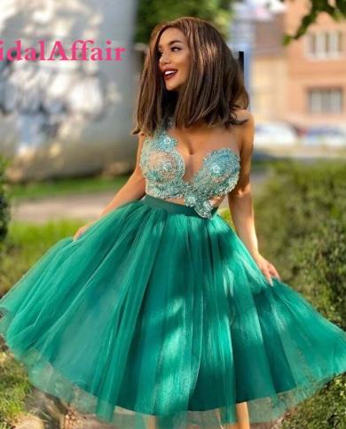 bridalaffair ירוק קצר קו שמלות שיבה הביתה V צווארון ללא גב שמלת ערב מיני שמלת ערב פנינים אפליקציות קוקטייל dre