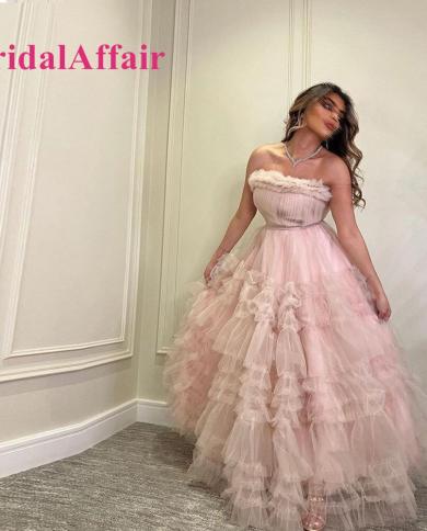 bridalaffair סטרפלס טול ורוד בהיר סלסולים שמלות ערב לנשף נסיכה ערב הסעודית נשים שמלה רשמית לאירועים