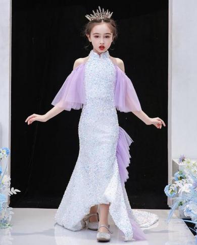 Sequins Stitching Evening Dress Kids Catwalk Mermaid Princess Dress  Birthday Party Dress For Girls Vestidos Y3122 Kid Size 10T Color Picture